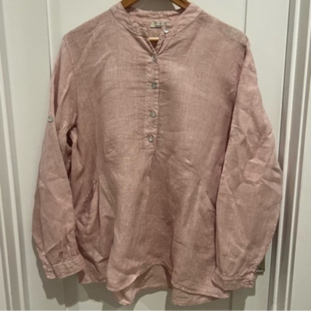 Linen baby pink shirt with front pockets size L made in Italy 100% linen boho K - Picture 2 of 6